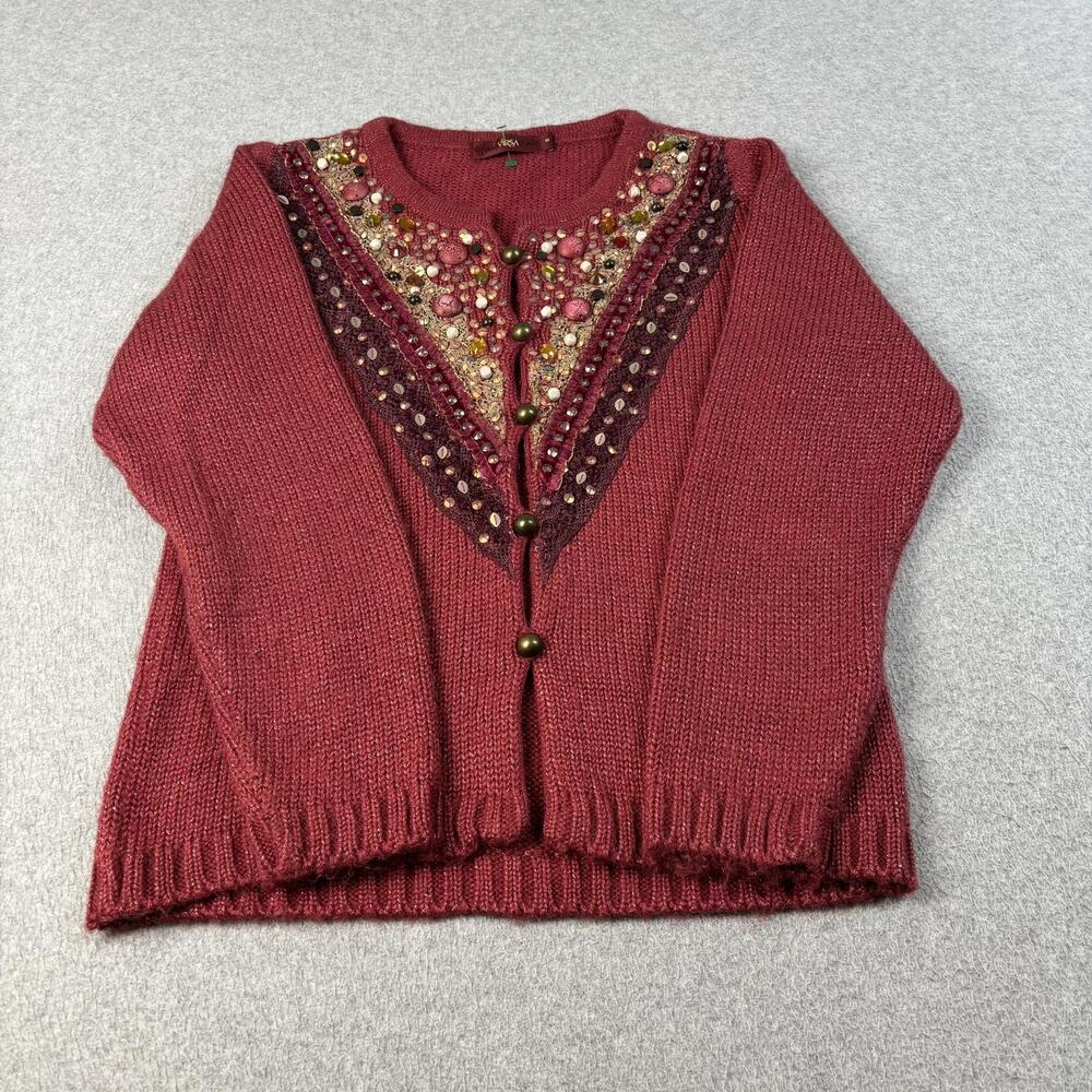 VIRSA Sweater Women Medium Red Cardigan Beaded Jewel Sequin Artsy Boho READ 90s